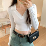 Style Spice Girl Polo Waist Long-Sleeved T-Shirt Women's Early Autumn New Bottomed Shirt White Blouse-Outfit