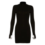 Knited Long Sleeves Dress Women Zipper Turtleneck Autumn Winter 2021 Y2k Clothes Rib Elegant Bodycon Mini