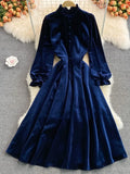 VAREY LIN New Autumn Casual Solid Slim Button Lady Full Dress A Line Stand Collar Chiffon Single Breasted Women
