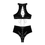 Toloer Ladies PVC Mirror Leather Vest Sexy Zipper Open Gear Shorts Size Accurate Odor Free-Outfit