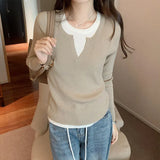 Ins Color Splicing Fake Two Long-Sleeved Tops Women's New Minority Autumn And Winter Knitted Bottomed Sweaters-Outfit