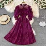 Vintage Women Lace Dress Spring Summer Elegant Stand Collar Puff Sleeve High Waist Party Vestidos Female Runway Robe 2022