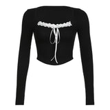 Desire Atmosphere Tie-Up Small Sexy Square Collar Low-Cut Slim Pink Long-Sleeved T-Shirt 2024 Spring / Summer New Style-Outfit