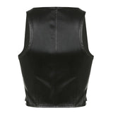 Women Vest Leather Crop Tops Summer Clothes V Neck Sleeveless Button Closure Design Slim Breathable Tank Tops Streetwear-Outfit