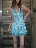 Color Green Stripe Lace Tie Neck Dress Summer New Sexy Style Waist Waist Slim Skirt-Outfit