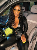 Fall Sexy Solid Faux Leather PU Bodycon Jumpsuits Club Outfits Women 2023 Long Sleeve Zip Up One Pieces Women