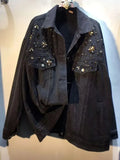 Women's Denim Coat Wash Black Beading Flowers Diamonds Patchwork Loose Long Sleeve Jackets 2024 Summer New Fashion 29L3587-Outfit