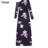 Women Sexy Single Shoulder Floral Print Mesh Slim Midi Dress Female Chic Side Zipper Pleats Asymmetrical Vestidos