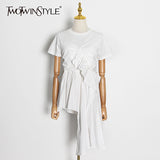 Eelegant Patchwork Ruffle Woman's T-shirt O Neck Short Sleeve Ruched Asymmetric Oversize Casual Shirt Female