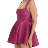 Women Sling Mini Dress Evening Party Summer Clothes Solid Color Sleeveless Backless Square Neck A-line Dress Sexy Club-Outfit