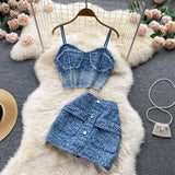 Women Summer Sexy Denim Set Strapless Sling Zipper Design Tops + Short Button Mini Skirt Short Jeans Two Piece