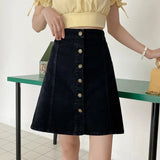 VAREY LIN Summer Women A-line Retro Solid Color Jeans Short Skirts Casual Female High Waist Single Breasted Black Denim