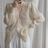 2021 New Autumn Pearls Embroidery Cardigans Vintage V Neck Long Sleeve Oversize Cardigans Sweet Hollow Out