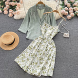 Autumn Vintage Women Two Piece Set Elegant Notched Collar Single Button Coat + Floral Spaghetti Strap Dress Suits 2Pcs