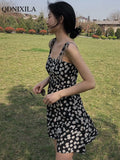 2022 Floral Printed Women's Dress Vintage French Elegant Casual High Waist Thin Off Shoulder Sleeveless Midi Slip