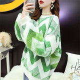 And Winter Sweater Women Retro Striped Loose Sweater Pullover Casual Lazy Fashion Knitted Puff Sleeve Warm