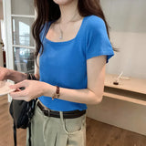 Version Of Knitted Short-Sleeved T-Shirt Women's New Summer Slim Thin Solid Color Full-Length Short-Style Blouse Ins-Outfit