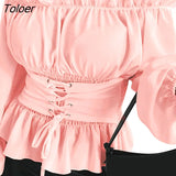 Women Tops Fashion Off Shoulder Ruffle Women T-Shirts Solid Color Long Sleeve Summer Blouse For