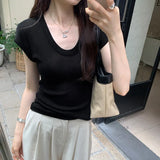 Solid Color U-Collar Short-Sleeved T-Shirt Women's New Springy Slim, Simple And Easy To Wear In Summer-Outfit