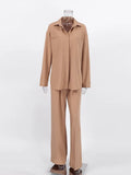 Autumn Winter Brown 2 Piece Sets Womens Outfits Office Wear Pocket Shirt And Pleated Trousers Two Piece Sets