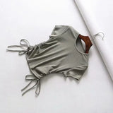 Side Drawstring Tie Up Ruched Tank Tops Women Solid Color Slim Crop Top Ladies Streetwear Ribbed Knitted Tees 2023-Outfit