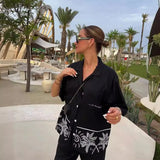 Summer New Women's Collar Short-Sleeved Embroidered Shirt Tight High-Rise Straight Trouser Set High-Waist
