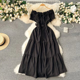 Dress Women's Dress Temperament Gentle Wind The Word Shoulder Bubble Sleeves Waist Shows Thin Fairy Dress Sweet Holiday Dress-Outfit