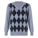 Casual Loose Autumn Winter Knitted Sweater Women Y2K Argyle Long Sleeve Jumper Ladies Preppy Style Pullover