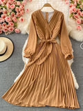 VAREY LIN New Spring Autumn Women Casual Solid Slim Dress Elegant A Line V Neck Puff Sleeve Chiffon Pullover Mid-Calf