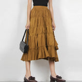 TWOTWINSTYLE Korean Summer Casual Ruched Midi Skirt For Women High Waist Solid Loose Long Skirts Female Fashion Clothes New