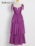 Elegant Solid Women's Dress Square Collar Sleeveless High Waist Patchwork Ruffles Long Dresses Female 2022