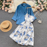 Autumn Vintage Women Two Piece Set Elegant Notched Collar Single Button Coat + Floral Spaghetti Strap Dress Suits 2Pcs