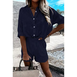 Celmia Loose Summer 2 PCS Sets Cotton Casual Lightweight Lapel Long Sleeve Shirt and Pleats Elastic Waist Short Suits Short