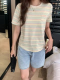 Style Rainbow Striped Round-Neck T-Shirt Women's Summer Loose Style Vintage Blouse Design Sense Minority-Outfit