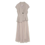 VAREY LIN New Summer Office Lady Two Piece Skirt Set Women V Neck Sleeveless Y2K Sets Top+high Waist A-line Pleated