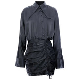 Korean Fashion White Dress For Women Lapel Long Sleeve High Waist Solid Fold Pleated Mini Dresses Female