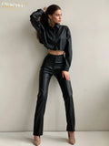 Fashion Slim Black Two Piece Sets Womens Outifits Sexy Bodycon Long Sleeve Crop Shirts With High Waist Pant Sets
