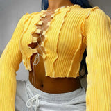 8 Colors Sexy Hollow Out Women Long Sleeve Crop Tops Striped Patchwork Drawstring Ribbed Bandage Fitness