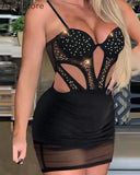 Women Rhinestone Design Cutout Sheer Mesh Bodycon