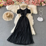 Summer Vintage Green/Beige/Purple Spaghetti Strap Pleated Long Dress Women Casual Off Shoulder Beach Party Vestidos 2021