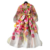 2025 Court Wind V Tie Belt Belt Belt Belt Lantern Sleeve Print Thin Long
