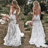 party dress gift 2022 Vintage Mermaid Spaghetti Wedding Dress V-neck Backless Lace Appliques 3D Flowers Elegant Bride Gown With Train Custom