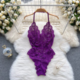 Female Sexy Lace Bodysuits Summer Sleeveless Halter Transparent Slim Rompers LadiesFrance Style Backless