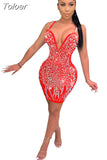 Sexy Glitter Rhinestones Mesh Dress Women Club Wear Party Outfit Backless Deep V Neck Bodycon Mini Dresses