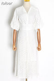Vintage Dress For Women V Neck Puff Half Sleeve Ruched Tunic Hollow Out Designer Loose Mid Dresses Female 2023