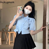 Blusas De Mujer Puff Sleeve Tunic Bow Blouses Women Clothing Crop Tops Hollow Out Folds Summer Shirts Chic Vintage