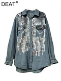 Women's Denim Shirt Loose Patchwork Full Sequins Single Breasted Blue Long Sleeve Blouse 2024 Summer New Fashion 29L6408-Outfit