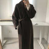 Women Elegant Long Wool Coat With Belt Solid Color Long Sleeve Chic Outerwear Ladies Drop Shoulder Overcoat