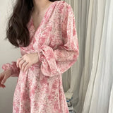 V-neck Elegant Print Chiffon Dress Women Female Puff Sleeve Korean Floral Party Dress Lady Fashion Vestidos Spring