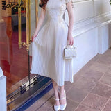 White Lace Dress Women Elegant Hook Flower Hollow Vintage Party Vestido High Waisted Puff Sleeve Streetwear Bodycon